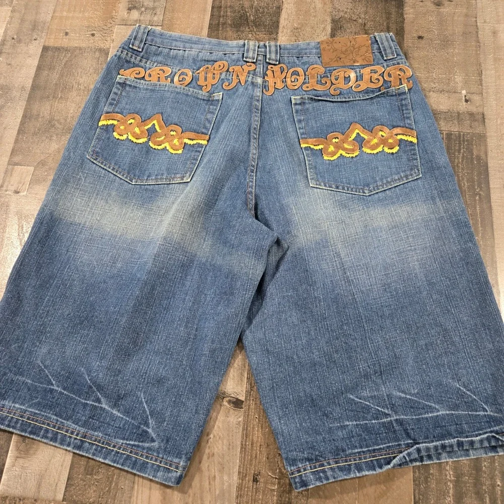 Crown Holder Vintage Y2K Baggy Denim Shorts Embroidered Rosary Crucifix Jorts 42